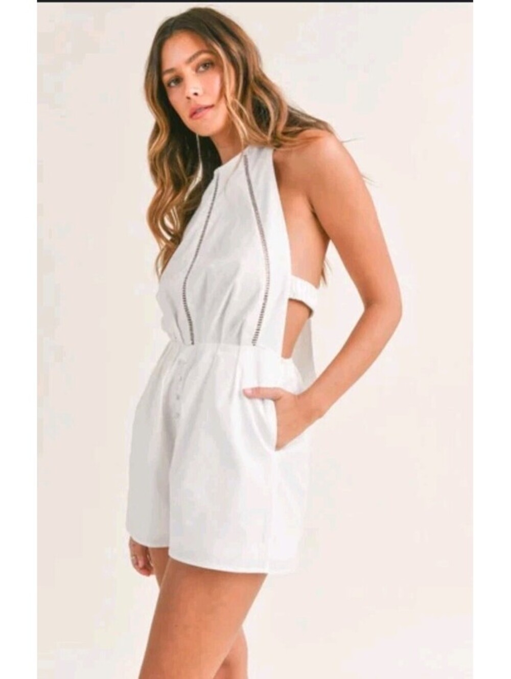Anthropology Mable White Linen Blend Open Back Romper SZ Medium New